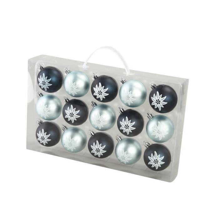 Lot de 15 Boules de Noël décorées Blanc/Noir 6 cm