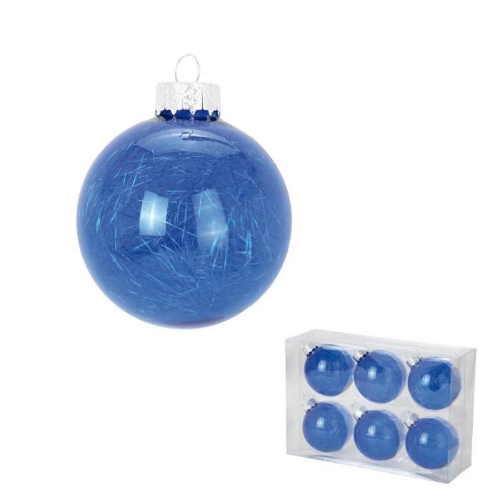 Lot de 6 Boules de Noël en verre bleu roi avec cheveux d'ange