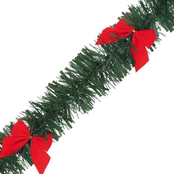Lot de 13 Déco de Noël: guirlande verte 2m, 6 plis et 6 noeuds rouges diametre 10 cm