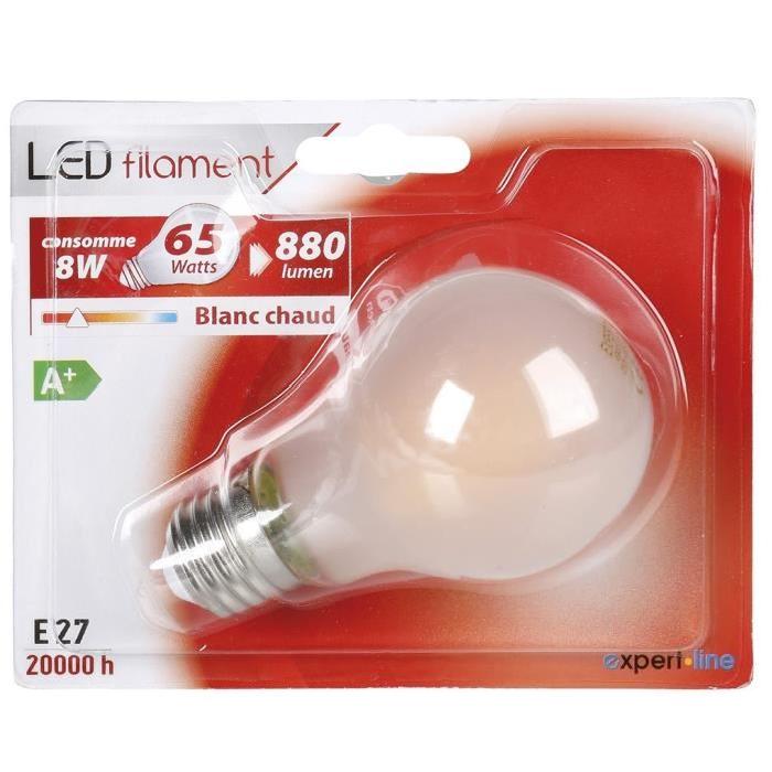 EXPERTLINE Ampoule LED filament E27 8 W équivalent a 65 W blanc chaud