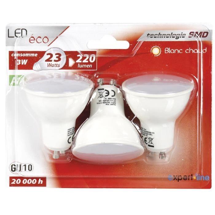 EXPERT LINE Lot de 3 Ampoules LED Spot GU10 3 W équivalent a 23 W blanc chaud