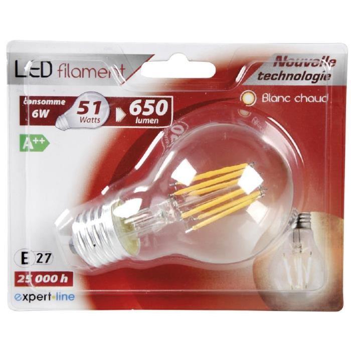 EXPERT LINE Ampoule LED E27 SMD a filament 6 W équivalent a 51 W blanc chaud