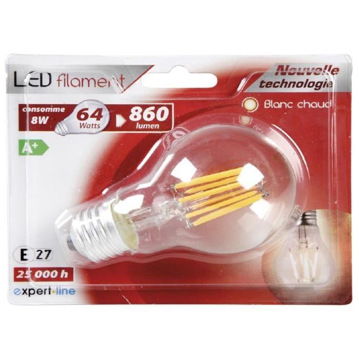 EXPERT LINE Ampoule LED E27 SMD a filament 8 W équivalent a 64 W blanc chaud