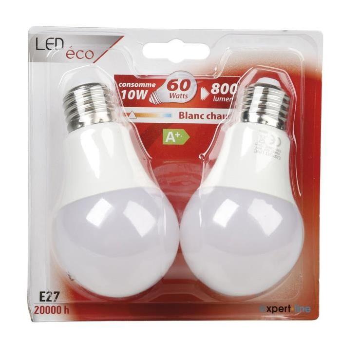 EXPERTLINE Lot de 2 Ampoules LED E27 10 W équivalent a 60 W blanc chaud