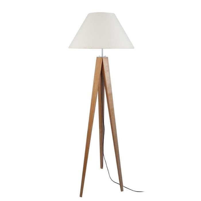 IDUN Lampadaire trépied bois massif naturel style scandinave - Abat-jour conique en coton écru. Hauteur 163 cm