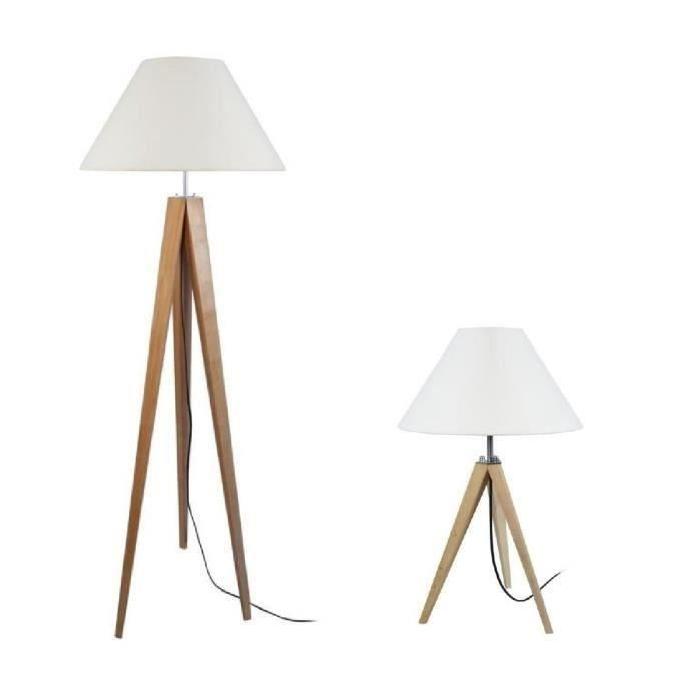 IDUN Lampadaire 163 cm+ lampe a poser 50 cm trépied bois massif naturel style scandinave - Abat-jour conique coton écru