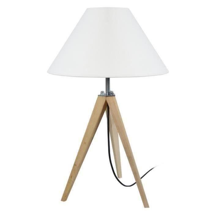 IDUN Lampadaire 163 cm+ lampe a poser 50 cm trépied bois massif naturel style scandinave - Abat-jour conique coton écru