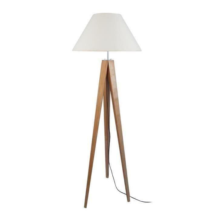 IDUN Lampadaire 163 cm+ lampe a poser 50 cm trépied bois massif naturel style scandinave - Abat-jour conique coton écru