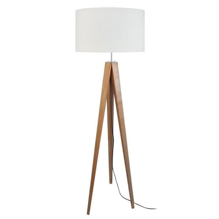 TOSEL Lampadaire trépied bois massif naturel IDUN style scandinave - Abat-jour cylindrique en coton écru