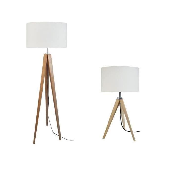 IDUN Lampadaire + lampe a poser trépied bois massif naturel IDUN style scandinave - Abat-jour cylindrique coton écru