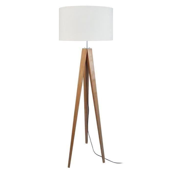 IDUN Lampadaire + lampe a poser trépied bois massif naturel IDUN style scandinave - Abat-jour cylindrique coton écru