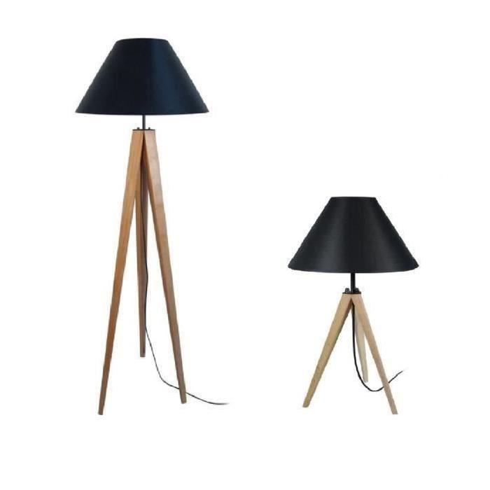 IDUN Lampadaire + lampe a poser trépied bois massif naturel IDUN - Style scandinave - Abat-jour conique en coton noir