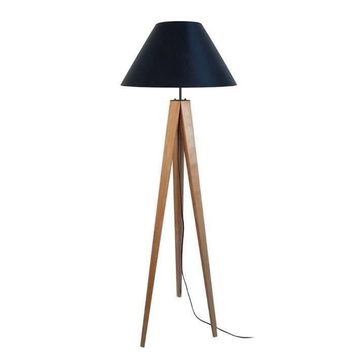 IDUN Lampadaire + lampe a poser trépied bois massif naturel IDUN - Style scandinave - Abat-jour conique en coton noir