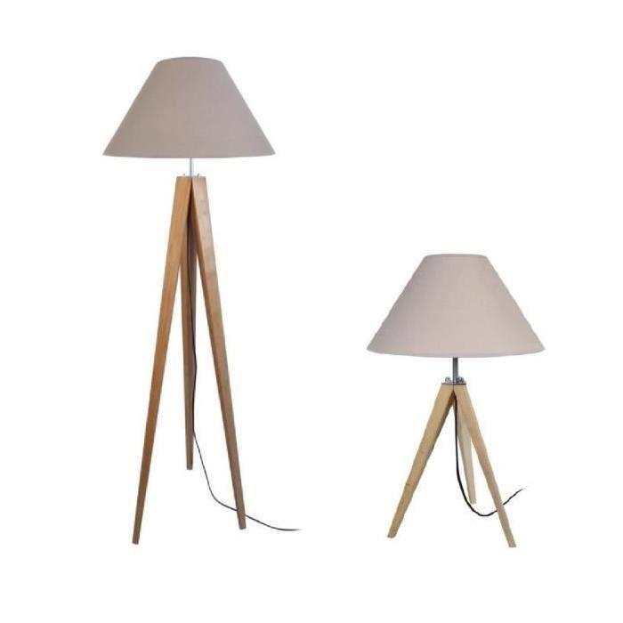 IDUN  Lampadaire + lampe a poser trépied bois massif naturel style scandinave - Abat-jour conique en coton taupe