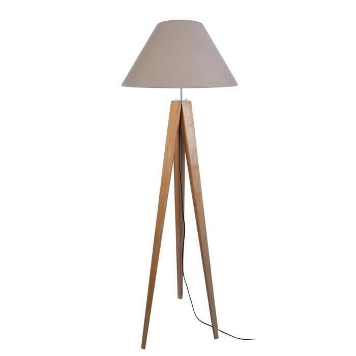 IDUN  Lampadaire + lampe a poser trépied bois massif naturel style scandinave - Abat-jour conique en coton taupe