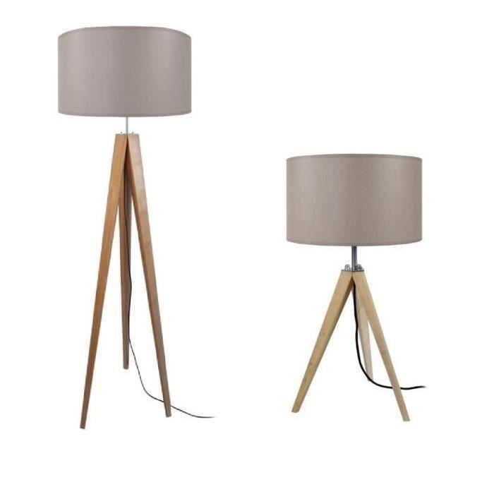 IDUN Lampadaire + lampe a poser trépied bois massif naturel style scandinave - Abat-jour cylindrique en coton taupe