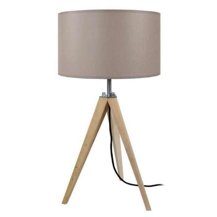 IDUN Lampadaire + lampe a poser trépied bois massif naturel style scandinave - Abat-jour cylindrique en coton taupe