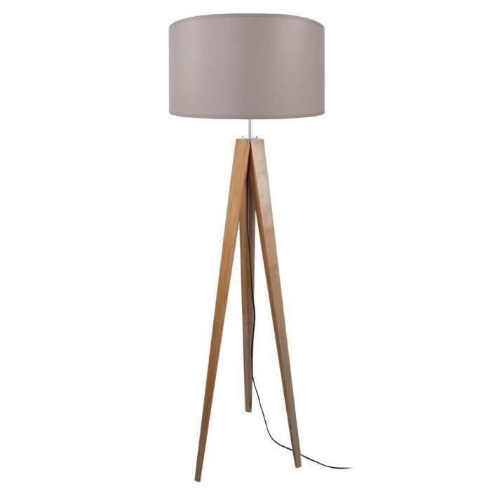 IDUN Lampadaire + lampe a poser trépied bois massif naturel style scandinave - Abat-jour cylindrique en coton taupe