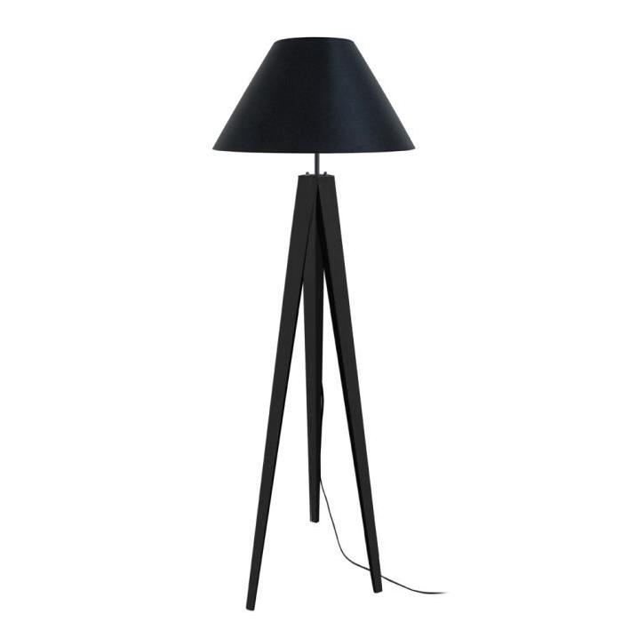 TOSEL Lampadaire trépied bois massif noir IDUN style scandinave - Abat-jour conique en coton noir