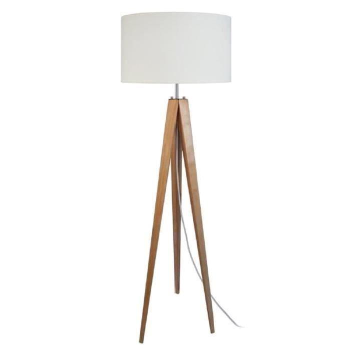 IDUN  Lampadaire trépied bois massif naturel style scandinave - Abat-jour cylindrique en coton écru. Hauteur 163 cm