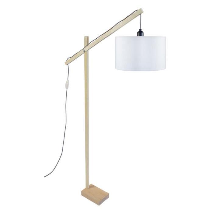 TOSEL Lampadaire pied bois liseuse pied bois avec abat-jour cylindre tissu blanc Pilori Ř25 cm 140-180 cm E27 40W