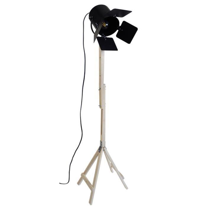 TOSEL Lampadaire trépied cinéma en bois Bolywood 150 cm E27 40W noir