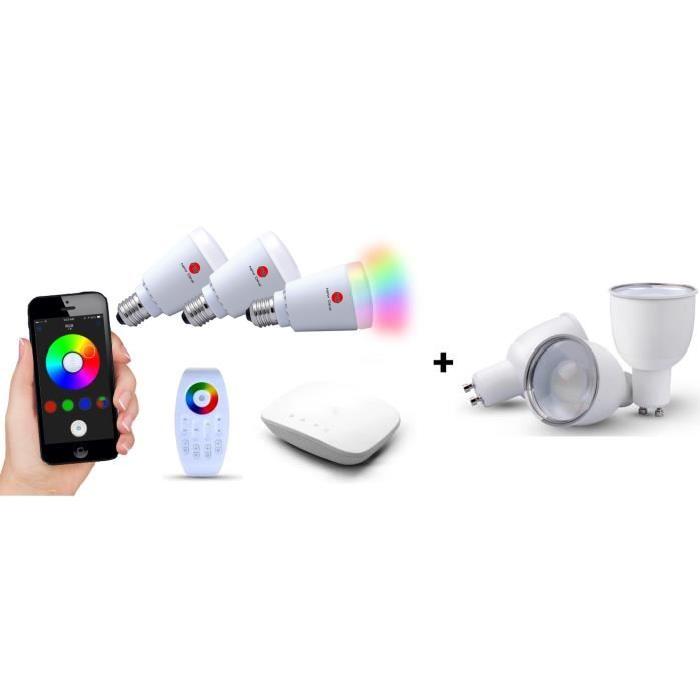 NEW DEAL Pack Ambiance 3 ampoules E27 et 3 ampoules GU10 WiFi RGB avec télécommande