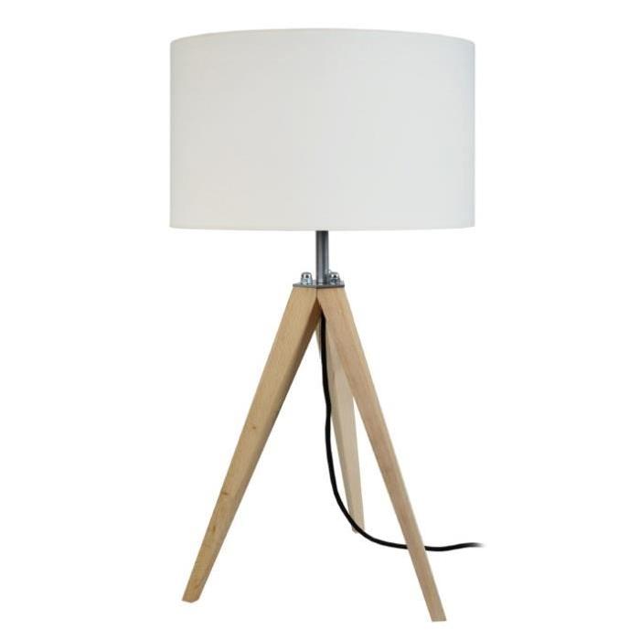 IDUN Lampe a poser scandinave trépied en bois naturel avec abat-jour cylindrique en coton écru. Ampoule E27. Hauteur 56 cm