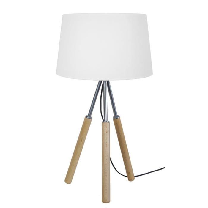 GOTEBORG  Lampe 3 pieds, hauteur 60 cm,  en bois et tube acier, abat-jour, cylindre, naturel et aluminium