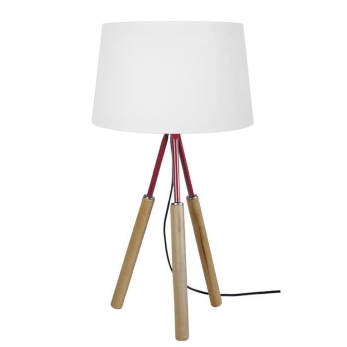 GOTEBORG  Lampe 3 pieds, hauteur 60 cm,  en bois et tube acier, abat-jour, cylindre, naturel et rouge