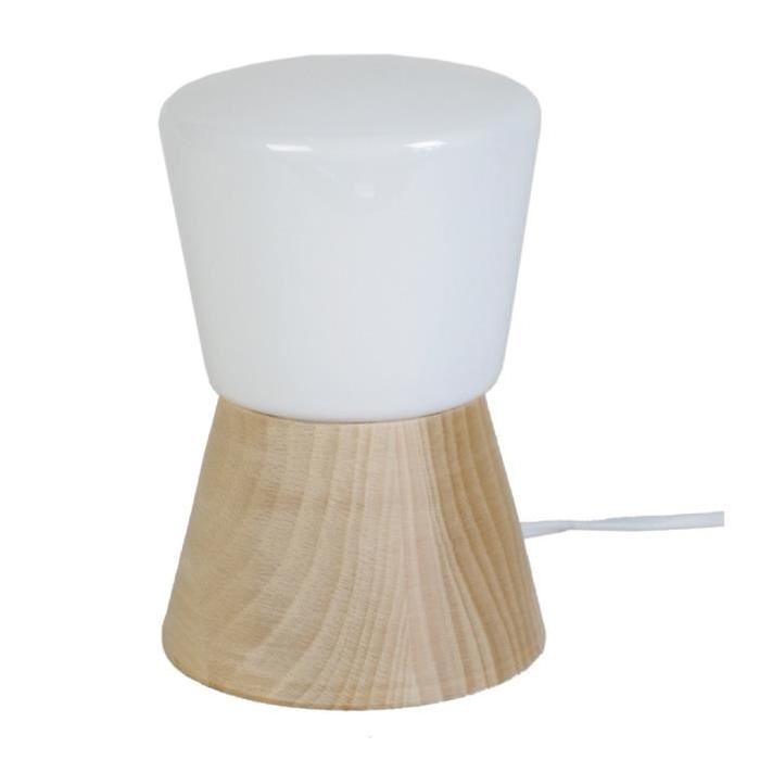 GRIFFO Lampe chevet cone bois et verre cone, hauteur 16 cm, naturel et opale