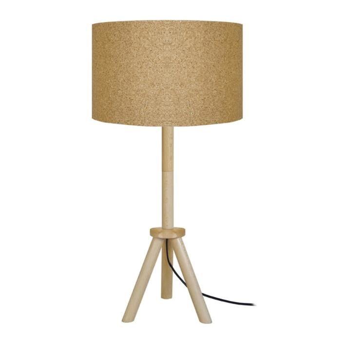 TRIDENT  Lampe trepied en bois, hauteur 62 cm, abat-jour. Liége naturel