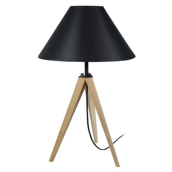 IDUN Lampe a poser trépied en bois naturel avec abat-jour conique en coton noir  E27 30x56 cm