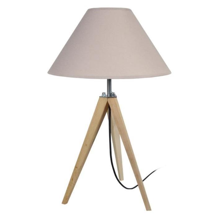 IDUN Lampe a poser trépied en bois naturel avec abat-jour conique en coton taupe  E27 30x56 cm