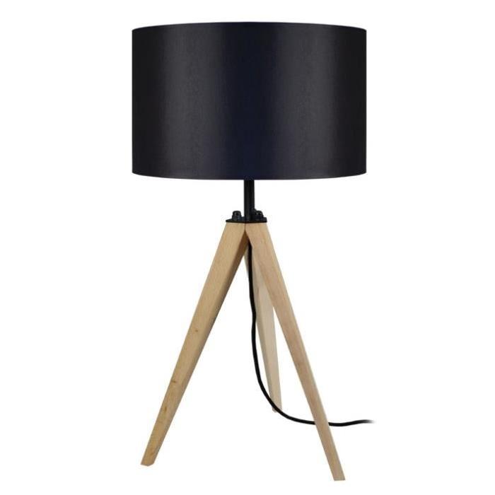 IDUN Lampe a poser trépied en bois naturel avec abat-jour cylindrique en coton noir E27 30x56 cm