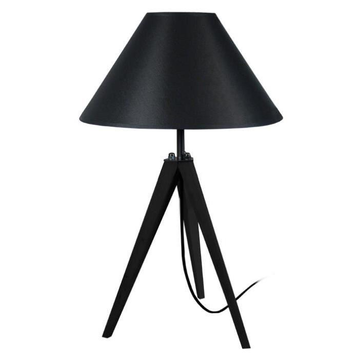 IDUN Lampe a poser trépied en bois noir avec abat-jour conique en coton noir  E27 30x56 cm