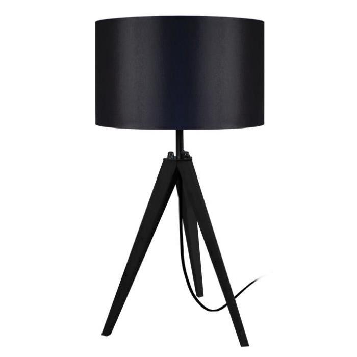 IDUN Lampe a poser trépied en bois naturel avec abat-jour cylindrique en coton noir  E27 30x56 cm