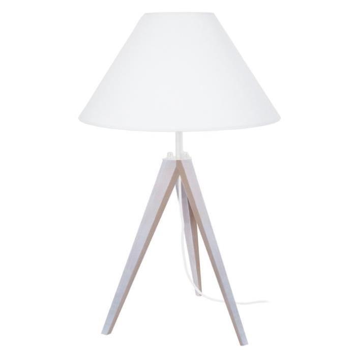 IDUN Lampe a poser trépied en bois naturel avec abat-jour conique en coton blanc  E27 30x56 cm