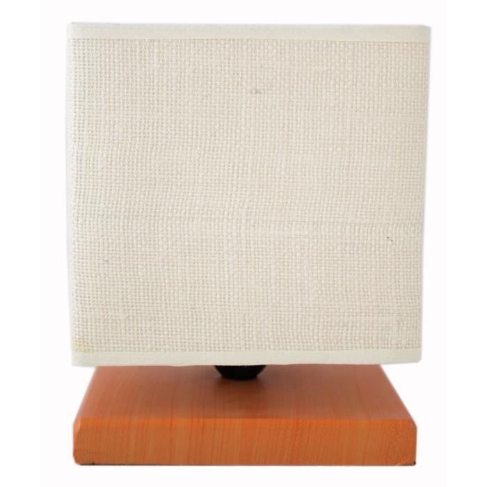 Lampe a poser avec pied bois miel + abat-jour en coton blanc trame - H 23 x L 18 x l 18 cm