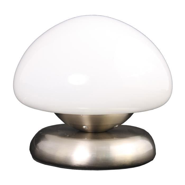 Lampe LED tactile en nickel satiné et globe en verre opale blanc - H14 x Ř 16 cm