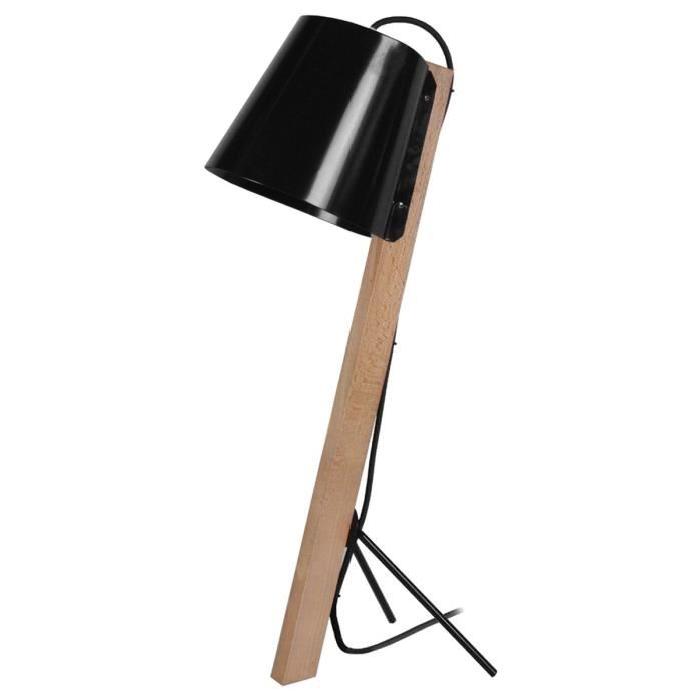 FITZGERALD Lampe bureau, bois, pied fil métal, abajour métal, hauteur 60 cm, noir