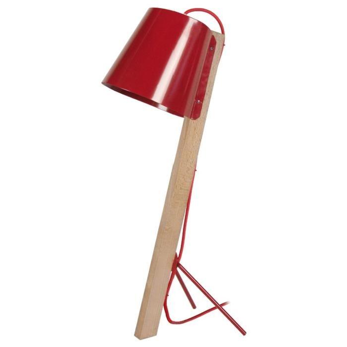 FITZGERALD Lampe bureau, bois, pied fil métal, abajour métal, hauteur 60 cm, rouge