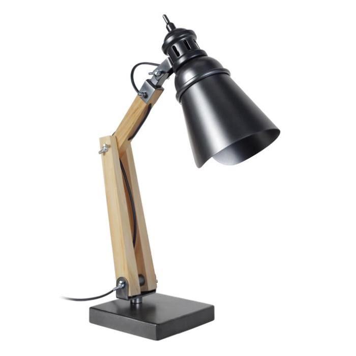 IRON, Lampe de bureau style industriel articulée 50cm, bois et métal E14 40W