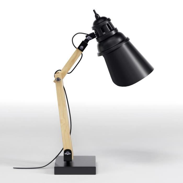 IRON, Lampe de bureau style industriel articulée 50cm, bois et métal E14 40W