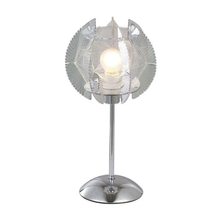 Lampe a poser chrome - Soie translucide - Plastique - Interrupteur - Diametre 18 cm - Hauteur 36 cm