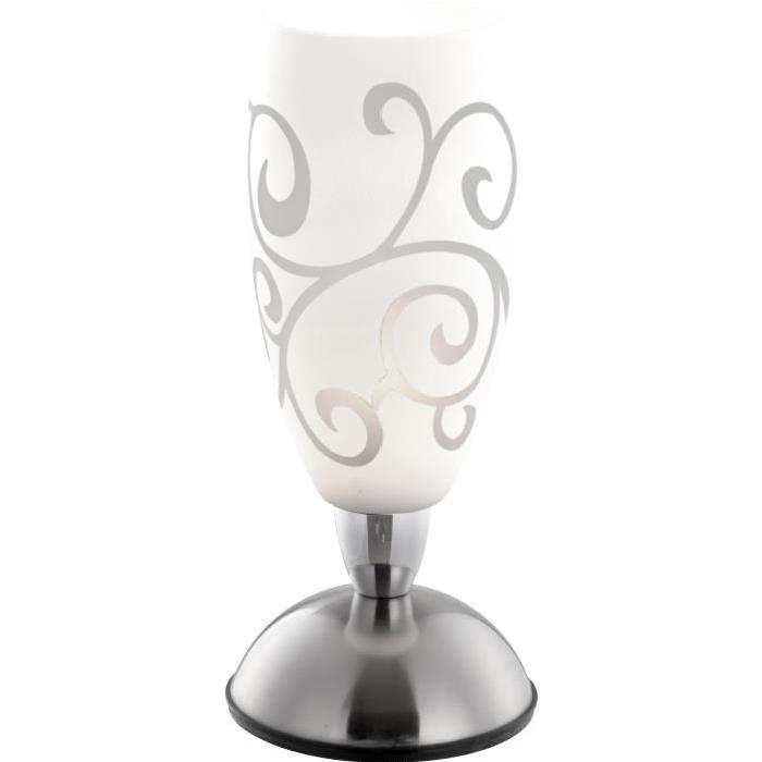 Lampe a poser chrome nickel mat - Verre opal satiné - Touch on / off - Diametre 12,5 cm - Hauteur 28 cm