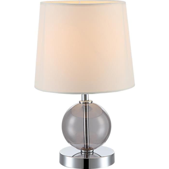 Lampe a poser chrome - Verre fumé - Tissu blanc - Interrupteur - Diametre 18 cm - Hauteur 30 cm