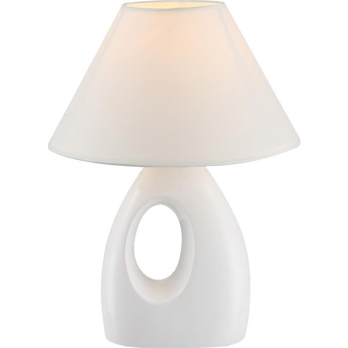 Lampe a poser céramique - Tissu blanc - Interrupteur - Diametre 20 cm - Hauteur 26 cm -  Blanc