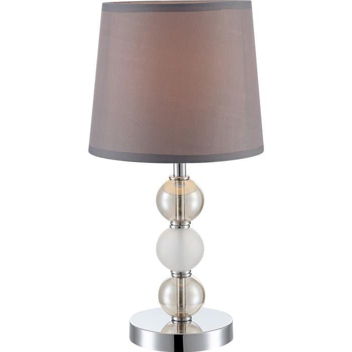 Lampe a poser chrome - Verre satiné - Tissu gris métallisé - Interrupteur - Diametre 18 cm - Hauteur 35 cm