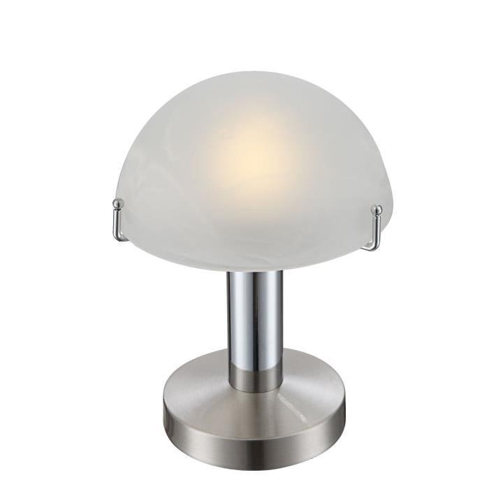 Lampe a poser chrome nickel mat - Verre optique albâtre blanc - Touch on / off - Diametre 15 cm - Hauteur 22,5 cm